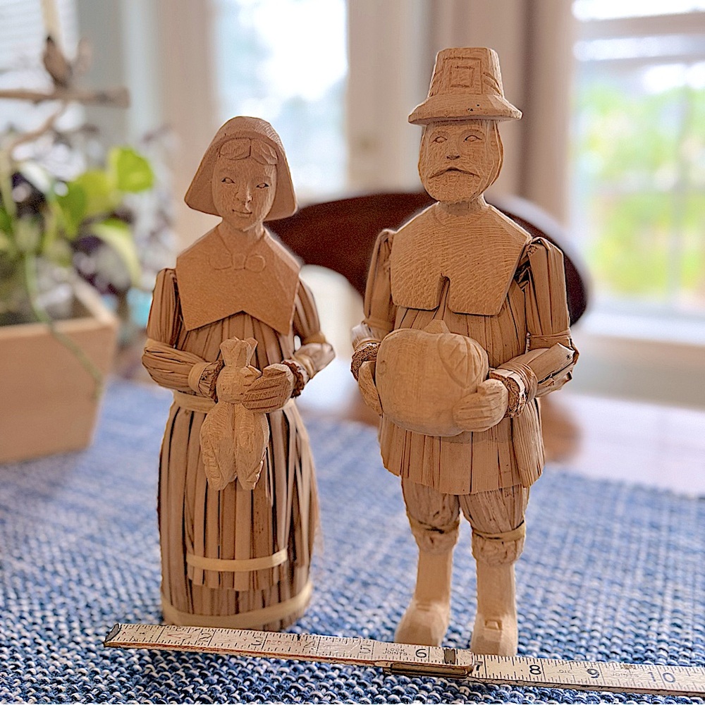 Vintage Folk Art Straw, Corn Husk, Wood Handmade Pilgrim Set • Thanksgiving